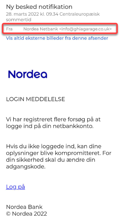 Eksempel på en falsk mail - hold øje med at den kommer fra en ægte afsender